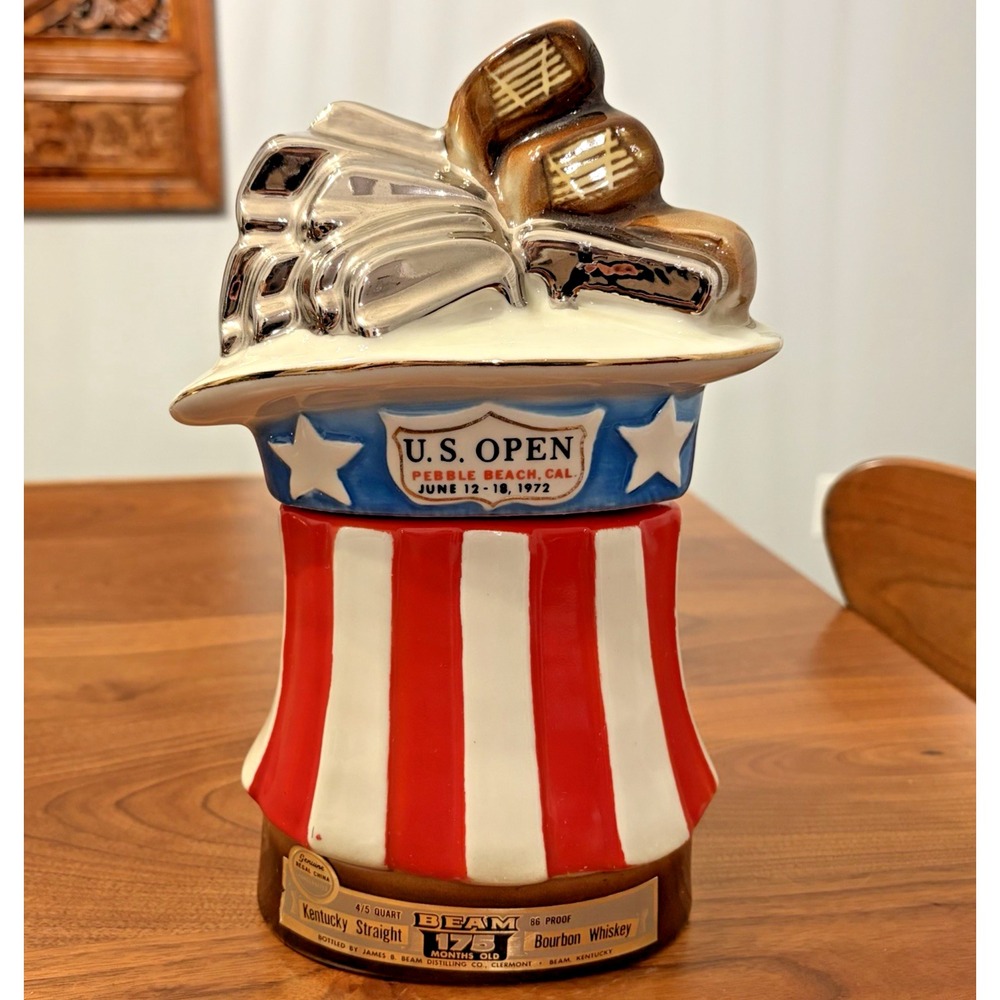 1972 Jim Beam US Open Pebble Beach Golf Bag Clubs Flag Decanter 10.5" EMPTY